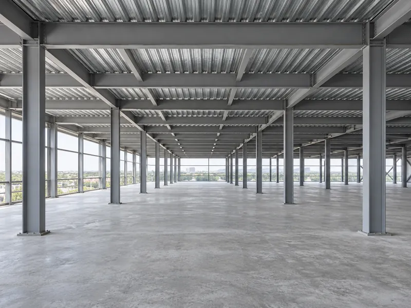Planta superior diáfana de una oficina con estructura de acero en construcción, con una retícula regular de columnas y vigas de gran luz, que muestra cómo la luz influye en el costo de construcción de una oficina con estructura de acero
