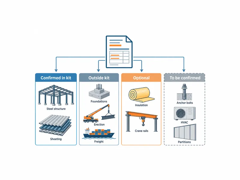 Diagrama que clasifica las partidas del costo de construcción de una oficina con estructura de acero en elementos confirmados del kit, elementos fuera del kit, elementos opcionales y elementos por confirmar en la cotización