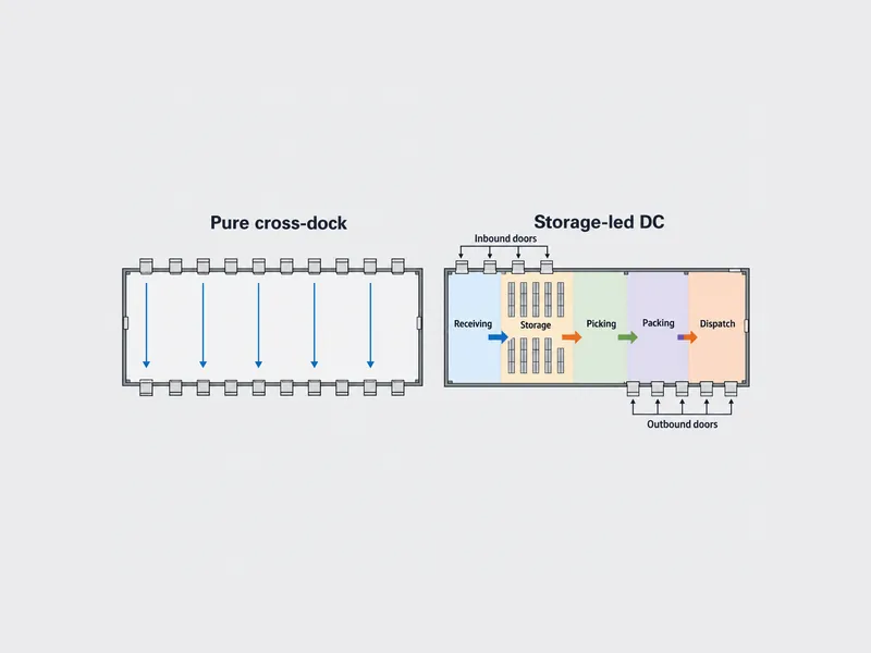 Diagrama en planta que compara un edificio de centro de distribución logística de acero de cross-docking puro, con puertas en ambos lados largos, con una distribución orientada al almacenamiento con cinco zonas separadas