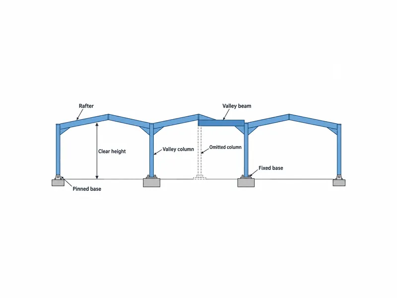 Sección transversal de un pórtico de acero de varias crujías para un edificio de centro de distribución logística, con vigas de cubierta, columnas de valle, una columna omitida sobre una viga de valle y bases empotradas y articuladas.