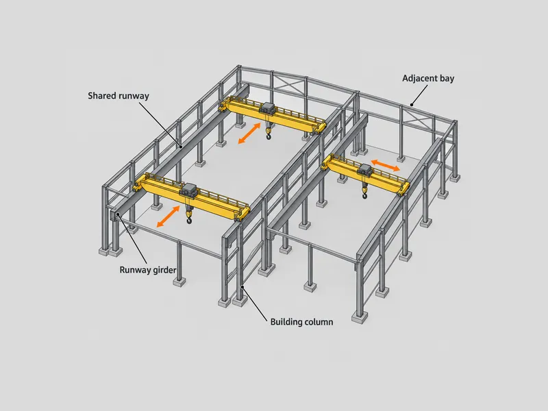 Diagrama de una nave de laminación de acero con dos puentes grúa que comparten una carrilera y una segunda grúa que trabaja en la nave adyacente