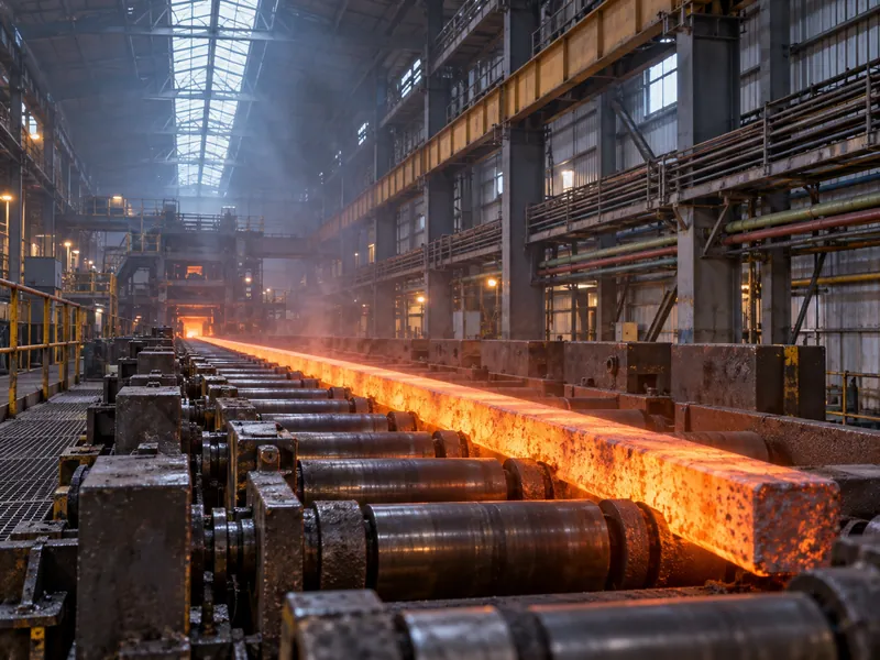 Trayectoria del producto caliente a lo largo de una mesa de rodillos dentro de una nave de laminación de acero, con aberturas en la cubierta sobre la zona térmica y una viga carrilera a lo largo de las columnas
