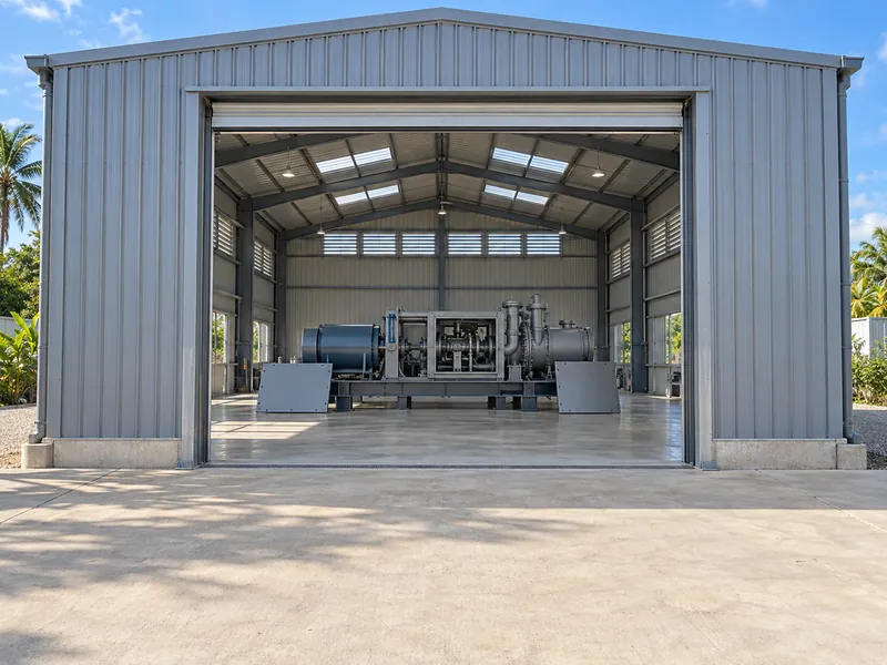 Ouverture de porte et cheminement de véhicule dans la conception d'un atelier à structure métallique, menant à une travée de réparation surmontée d'ouvertures de ventilation en toiture