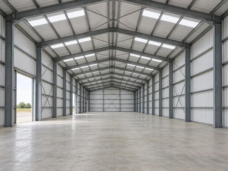 Intérieur d'un portique pour la conception d'un atelier à structure métallique, avec des files de portiques répétées, des poteaux de mur latéral à espacement régulier et une aire d'assemblage dégagée