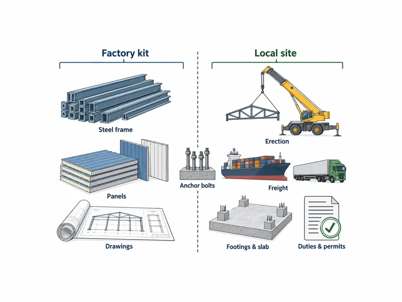 Diagrama que divide el costo de construcción de un almacén de acero entre el kit de fábrica y las partidas locales del terreno, con los pernos de anclaje en el límite entre ambos presupuestos