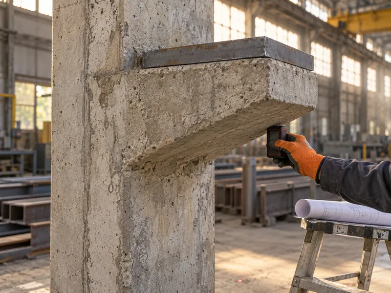 Main gantée tenant un télémètre laser contre un corbeau en béton existant muni d'une plaque d'acier d'ancrage, dans un atelier plus ancien, pour remesurer l'altitude du support du chemin de roulement