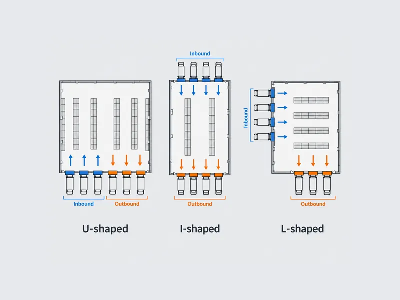 Schéma en plan des configurations de quais de chargement d’entrepôt montrant les dispositions en U, en I et en L, ainsi que les murs qui portent les quais de réception et d’expédition
