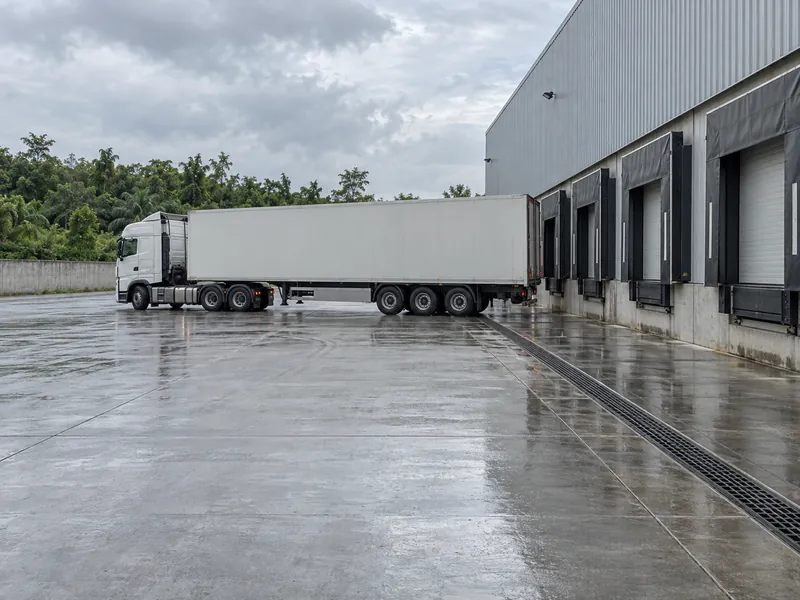 Camion articulé reculant dans une cour camions vers le quai de chargement, l’aire de manœuvre étant en pente vers un caniveau de drainage éloigné du front de quai