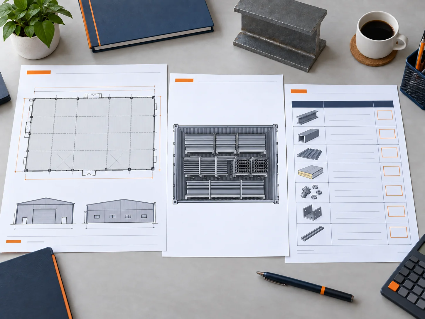 Plan-view layout drawing of a rectangular steel building beside a container loading plan sheet and an itemized list