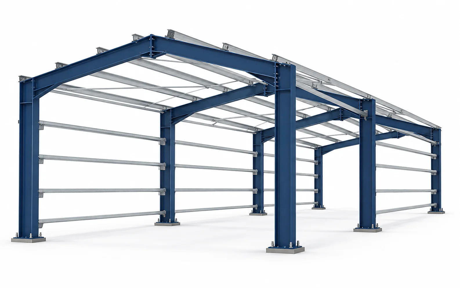 Welded H-section portal frame with galvanized purlins between the rafters