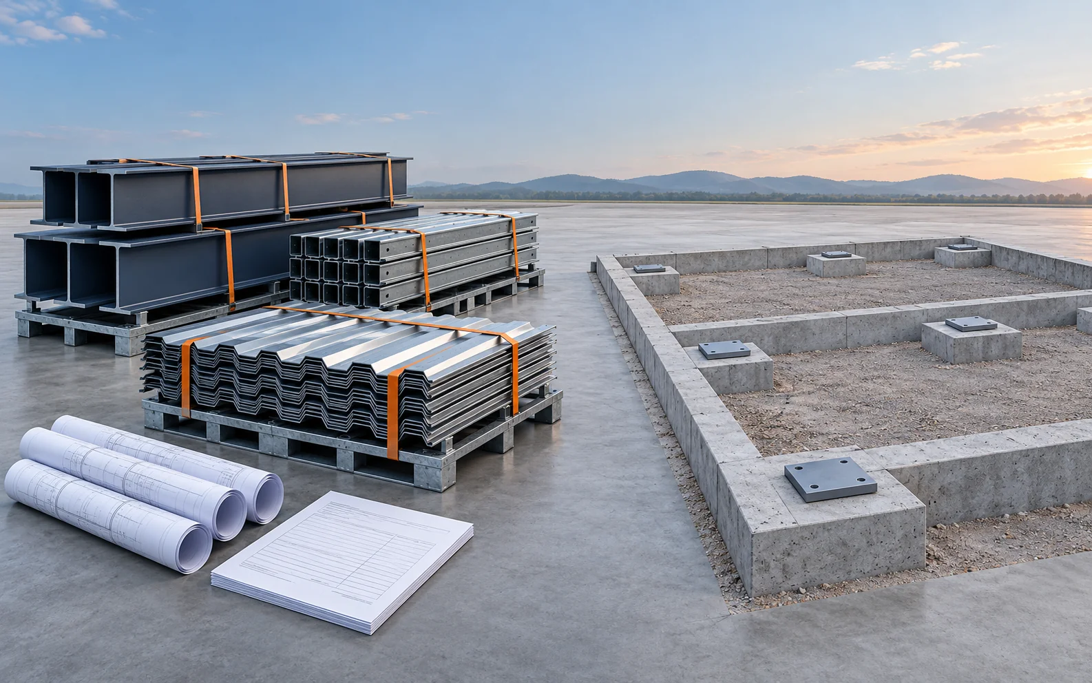 Packed steel members and panels on pallets next to a drawing set and an empty foundation outline