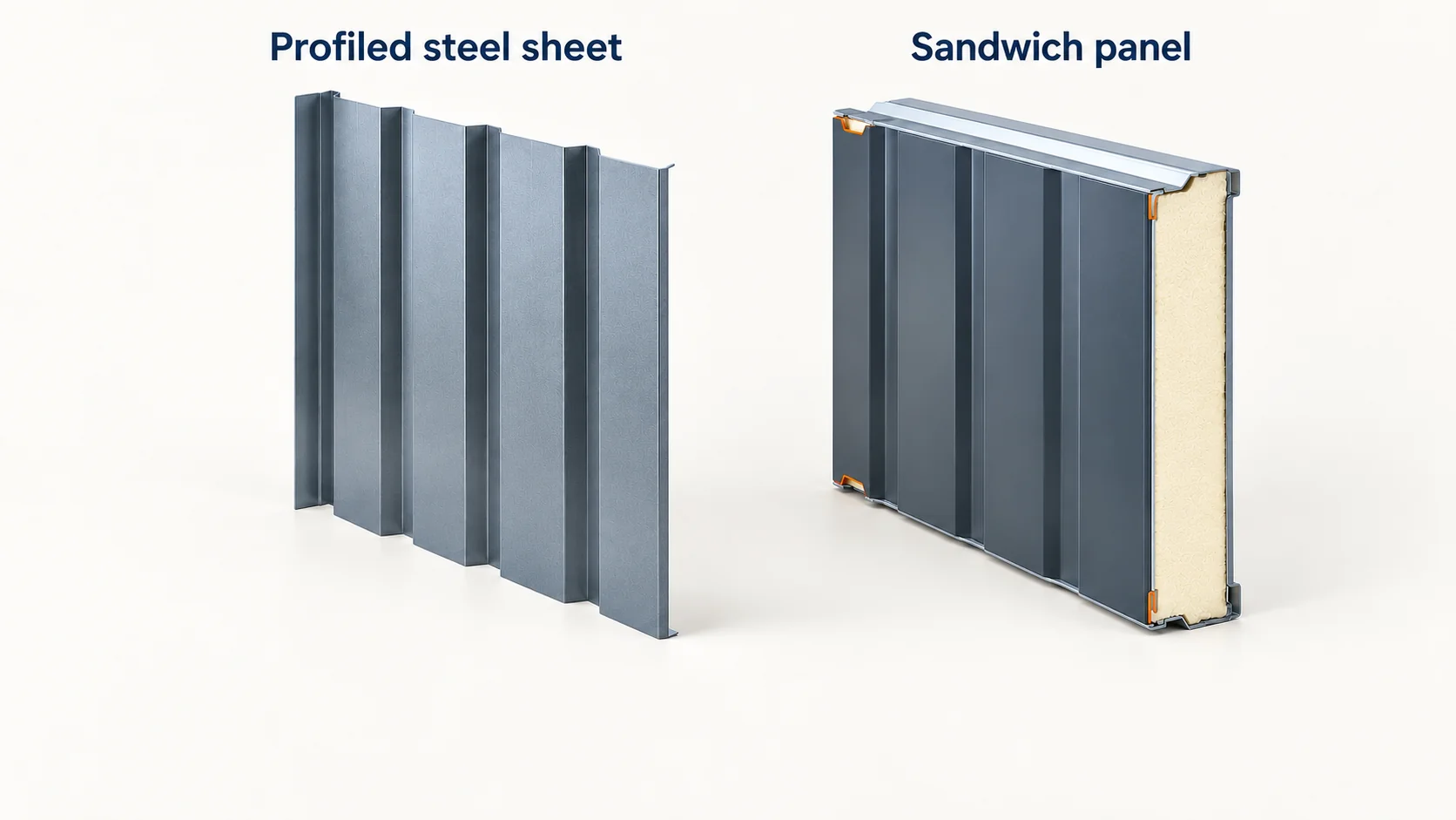 Comparaison de coupe entre une tôle d'acier profilée et un panneau sandwich isolé pour le bardage de toiture et de mur