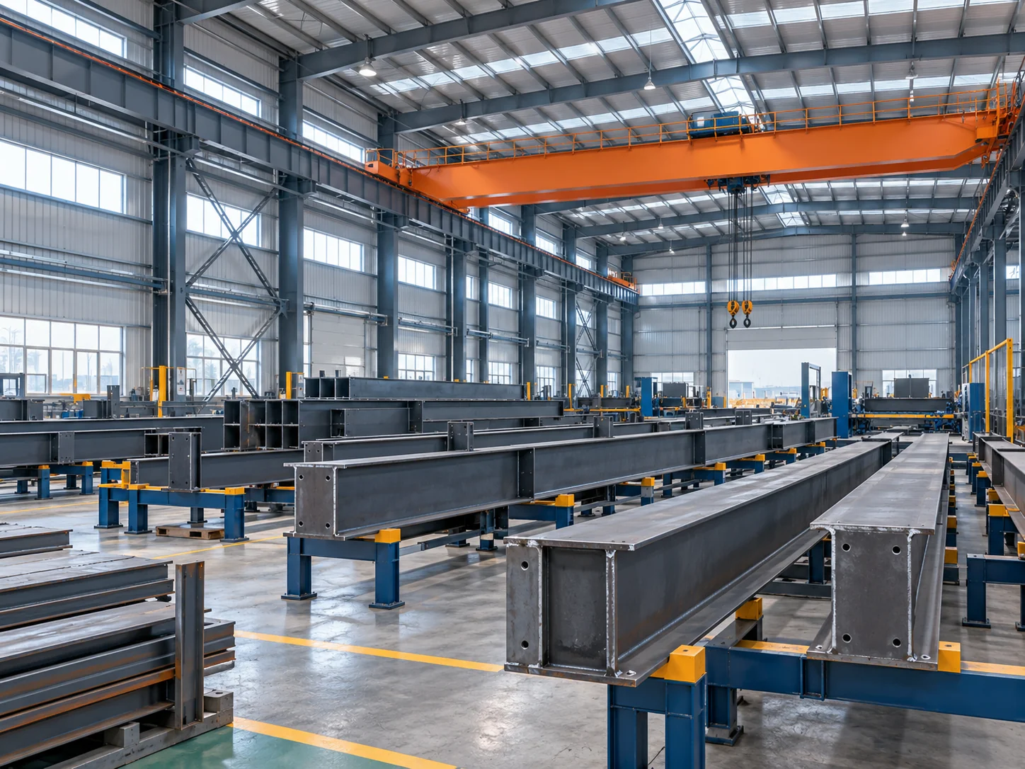 Steel members being prefabricated in a large fabrication hall with an overhead crane