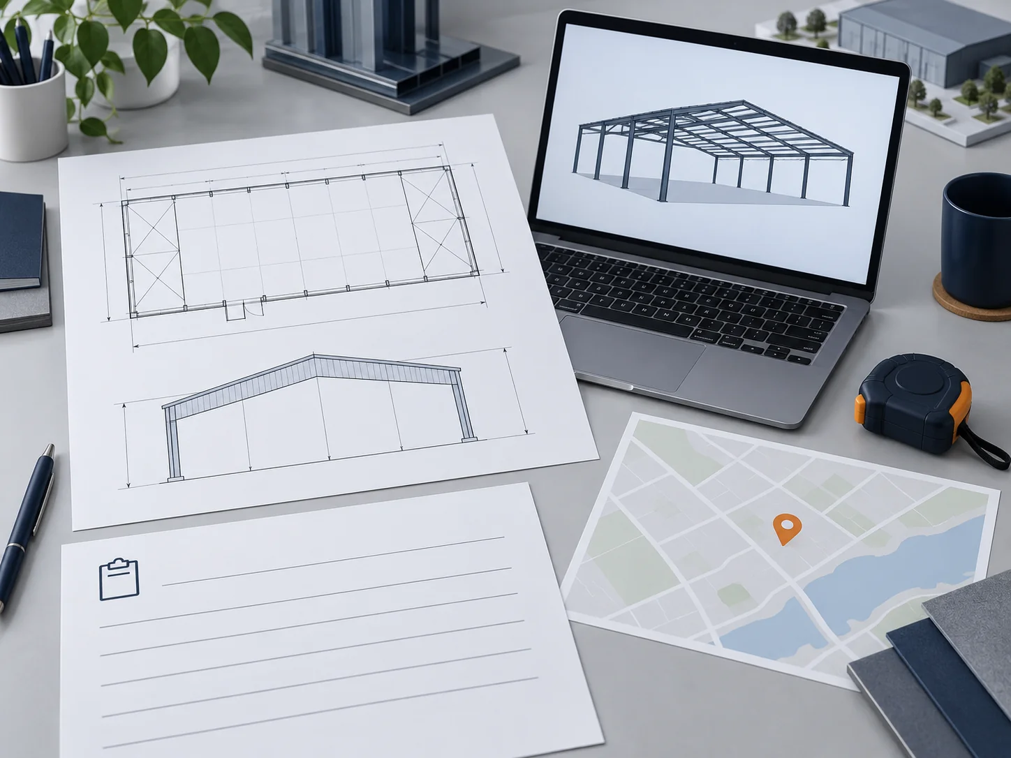 Plan-view sketch of a rectangular steel building beside a blank request sheet and an outline map with a location pin