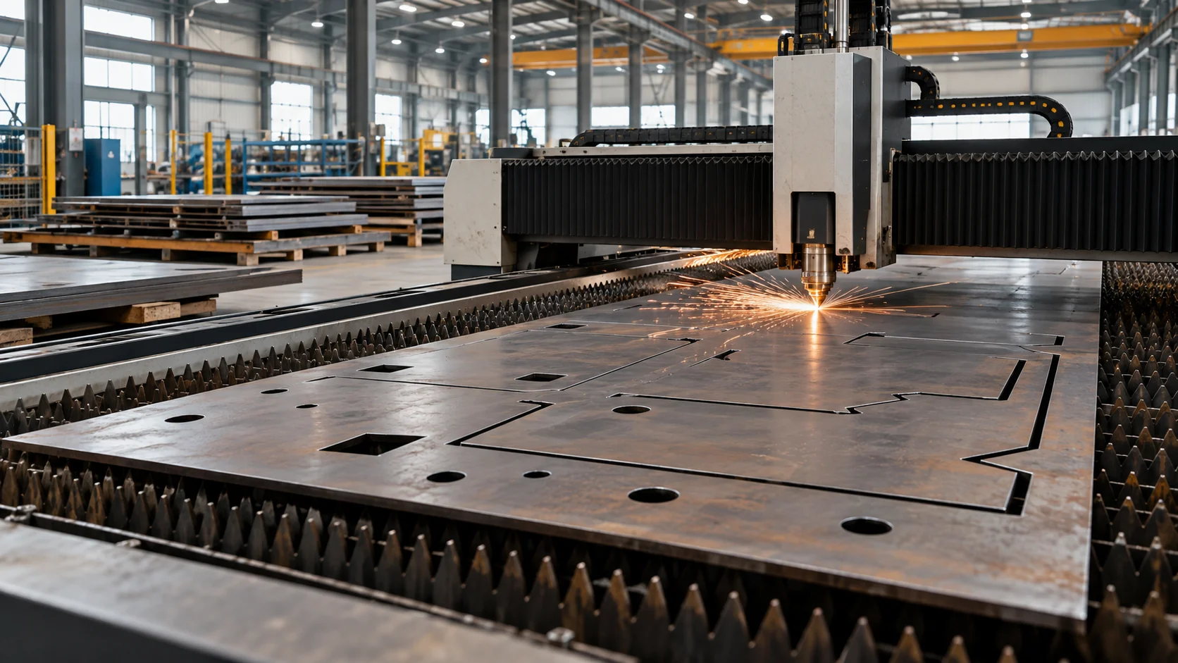 Illustrative CNC laser plate cutting in a generic steel workshop