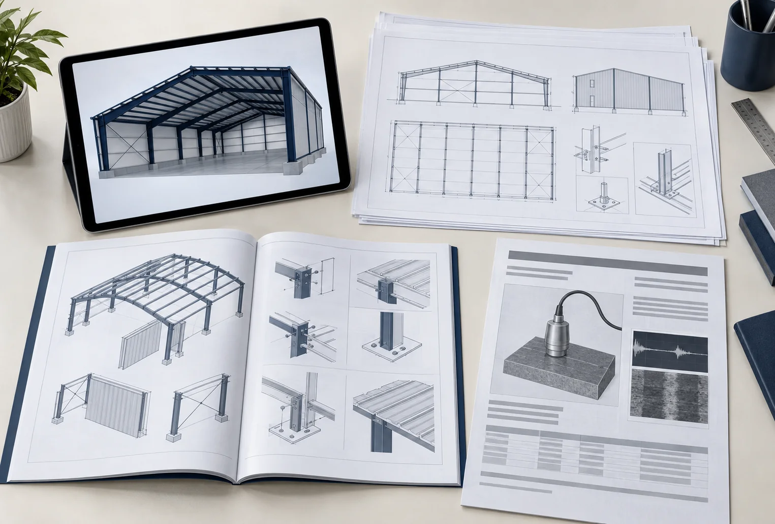 3D model view, set of shop drawings, installation manual and test report laid out together