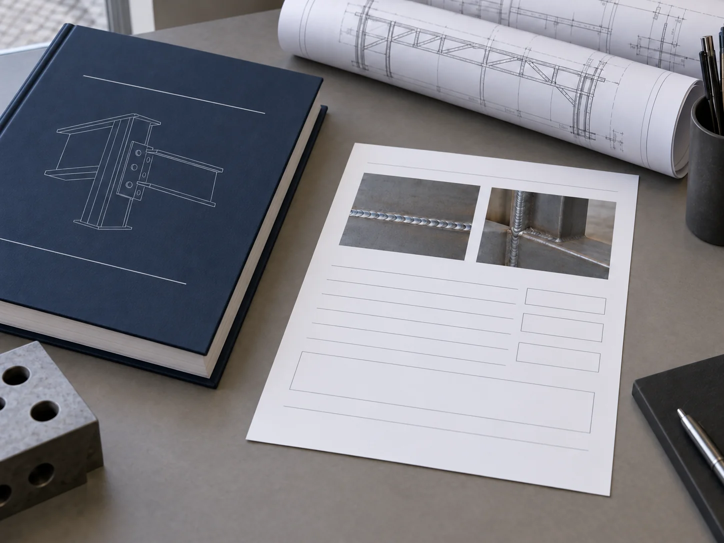 Bound installation manual, rolled shop drawings and a printed inspection report with weld photos on a desk