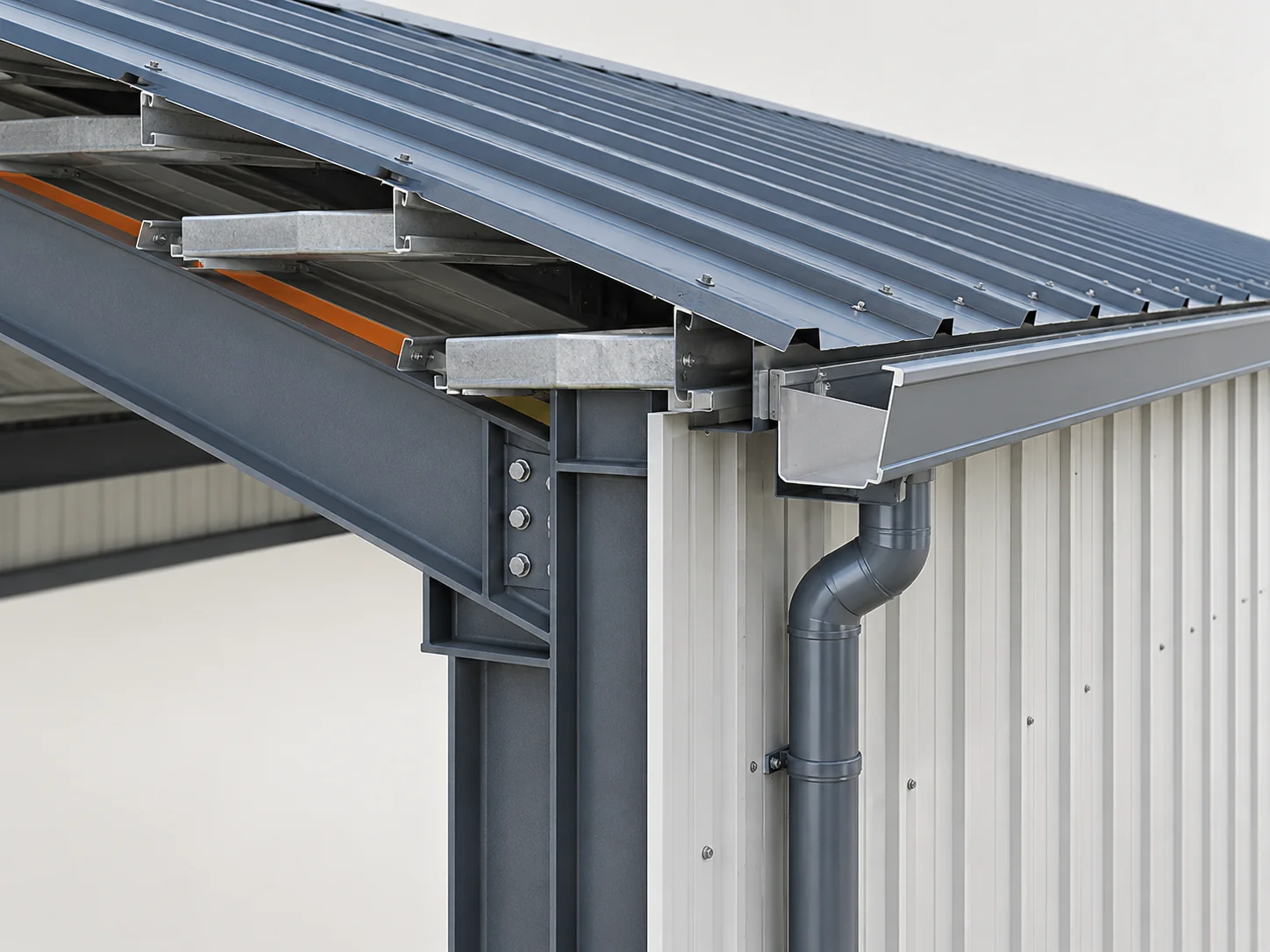 Eave cut-away of a steel building roof showing the roof sheet, purlins, steel frame, gutter and downspout