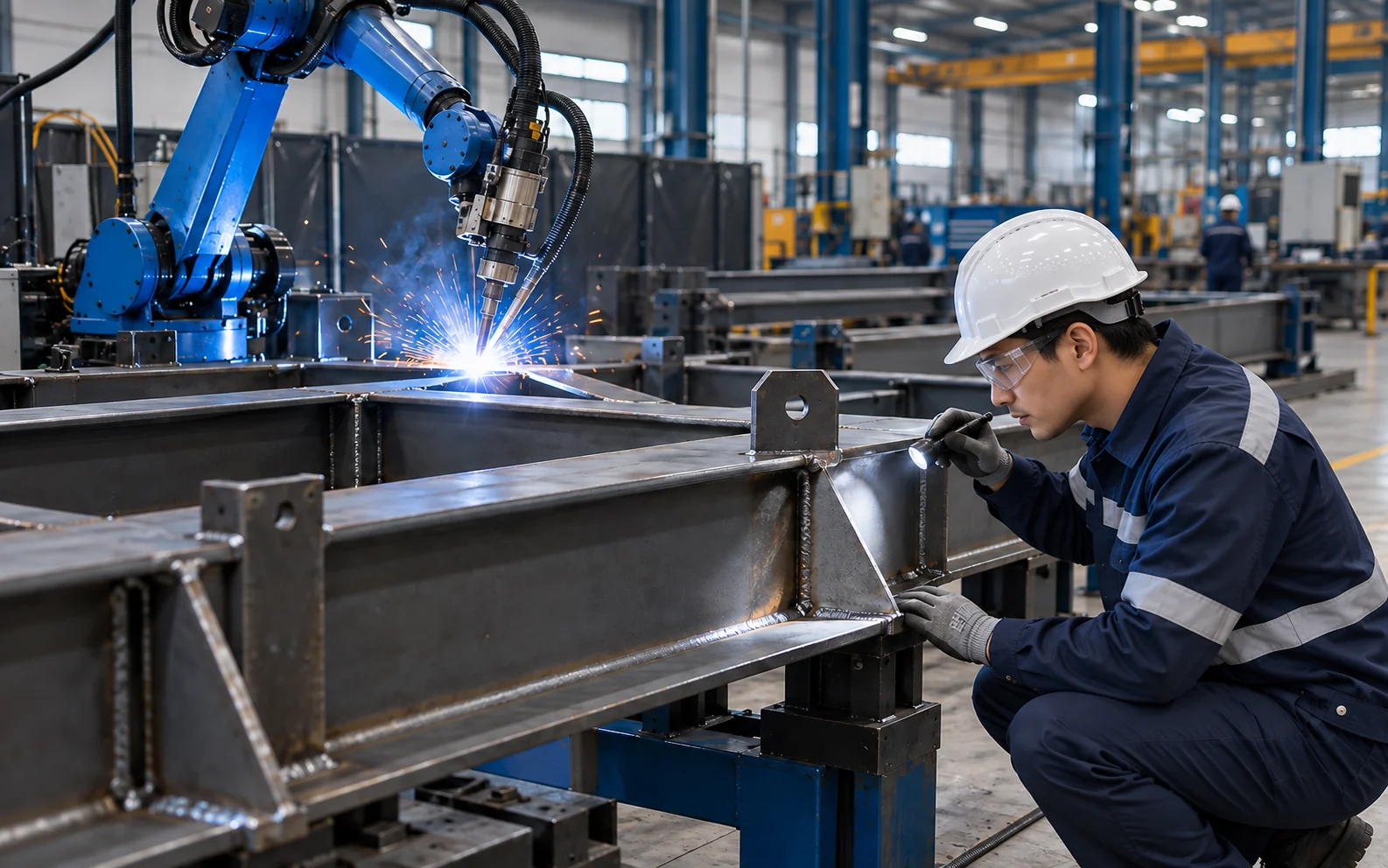 Robotic welding and weld inspection in a structural steel workshop