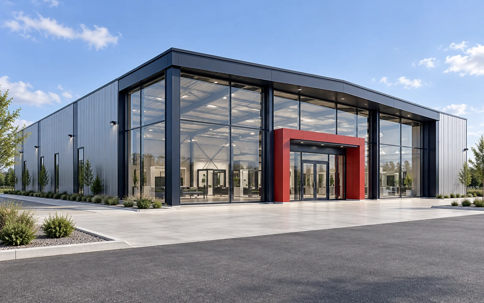 Commercial metal building with a glazed public-facing facade on a steel frame