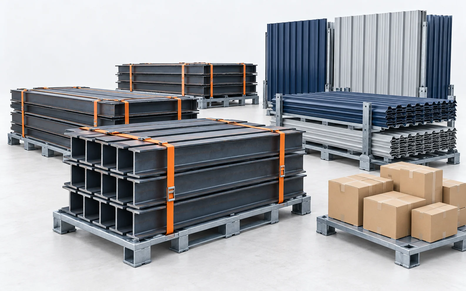 Bundled steel members on steel pallets beside roll-formed roof and wall sheet and boxed accessories