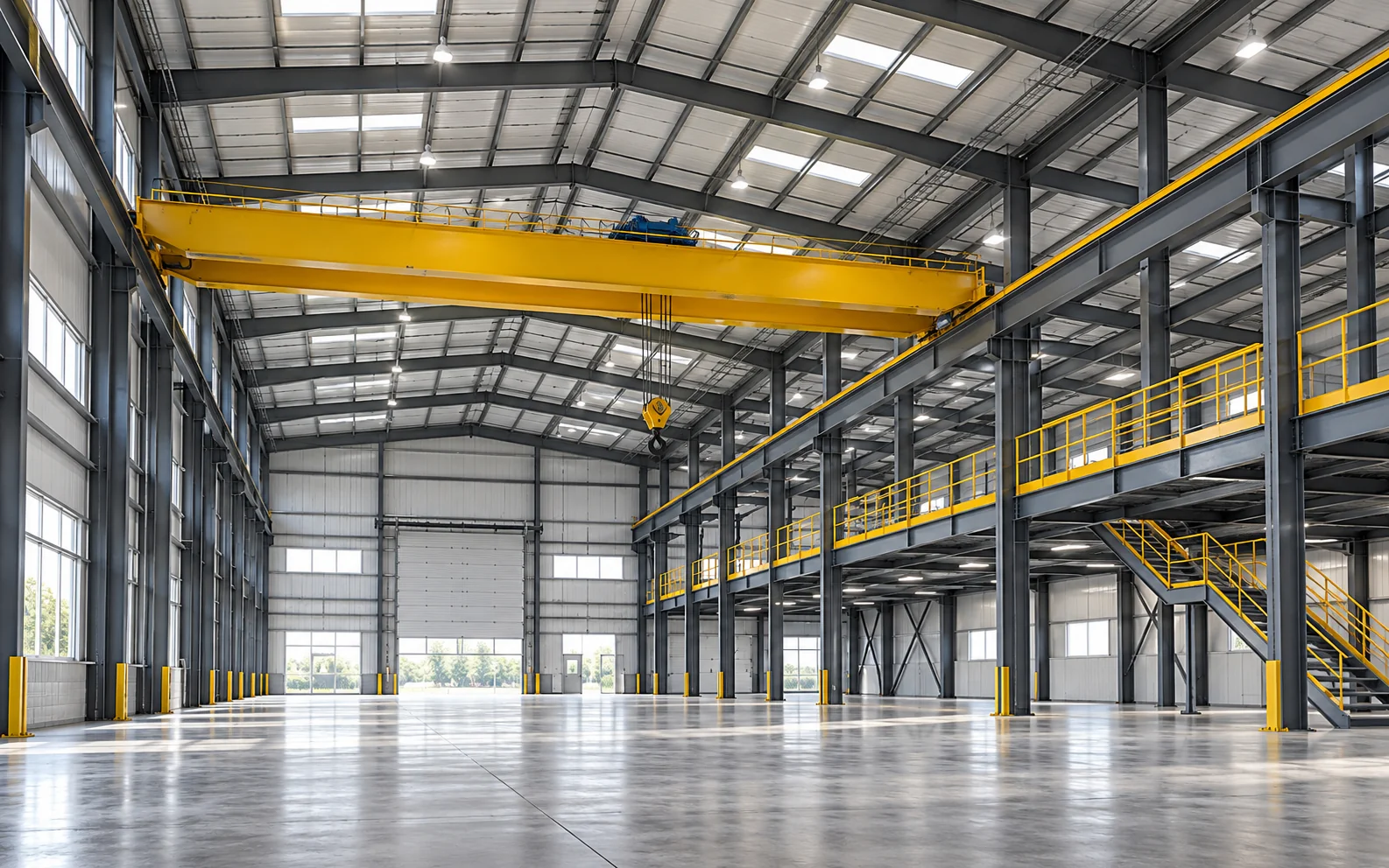 Steel workshop building with an overhead bridge crane runway along the bay