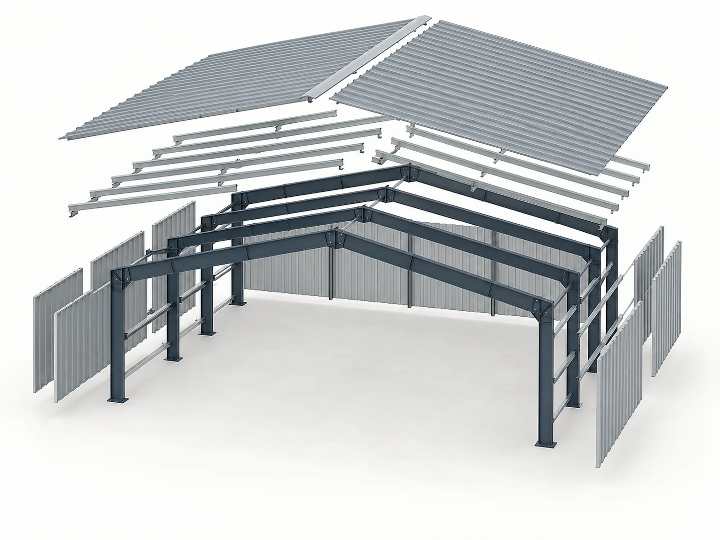 Exploded view of a portal steel frame with purlins and roof and wall panels