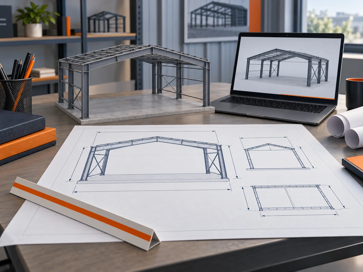 Desk with a dimensioned building plan layout, a small-scale single-span steel frame model and a scale ruler