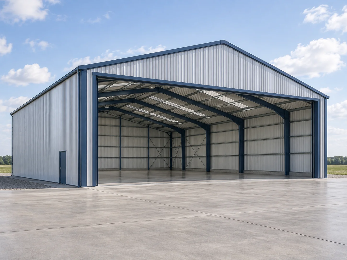 Exterior of a large-span steel aircraft hangar