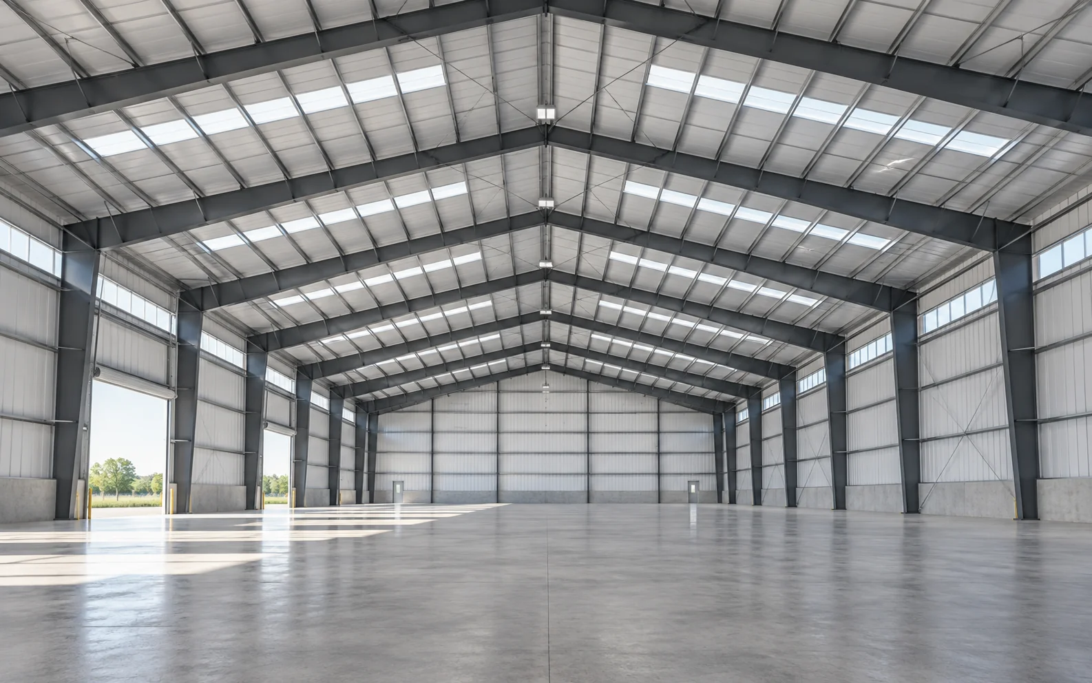 Industrial steel building with a wide single-span frame and roof sheeting