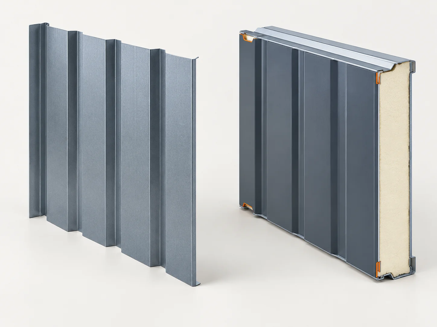 Side-by-side wall sections of a single steel sheet layer and a sandwich panel with a core layer