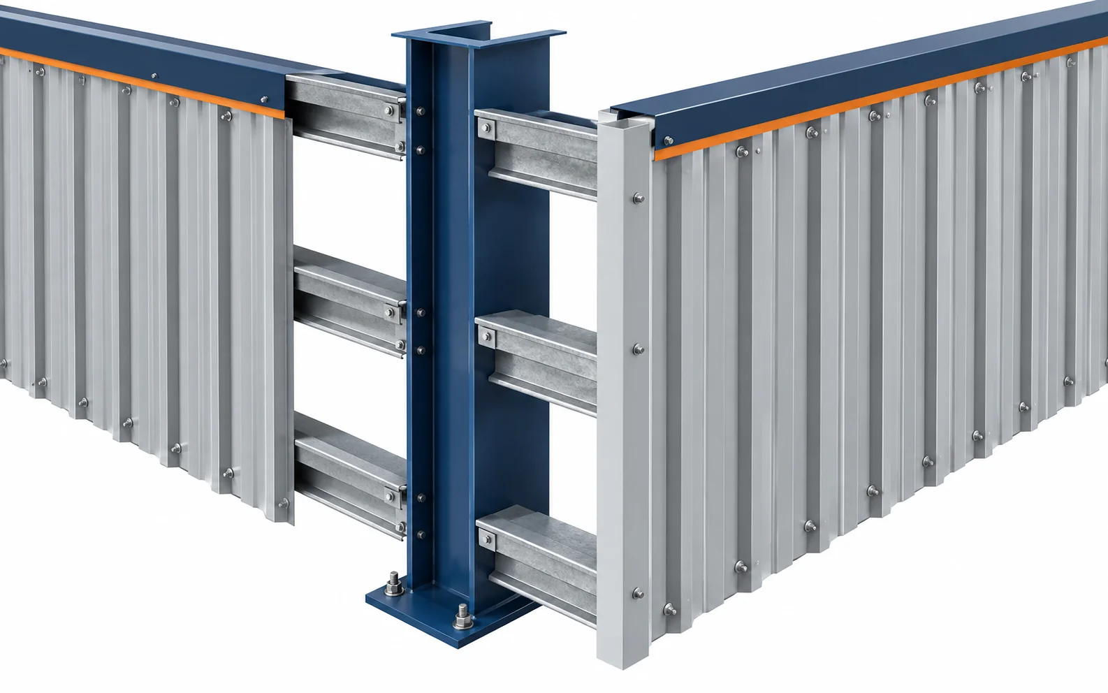 Profiled steel wall sheet fixed to a steel frame at a building corner