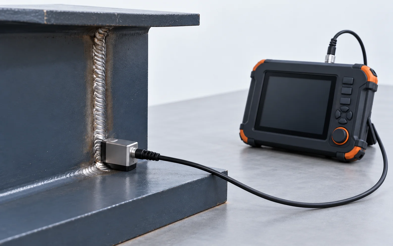 Ultrasonic probe testing a weld seam on a steel member