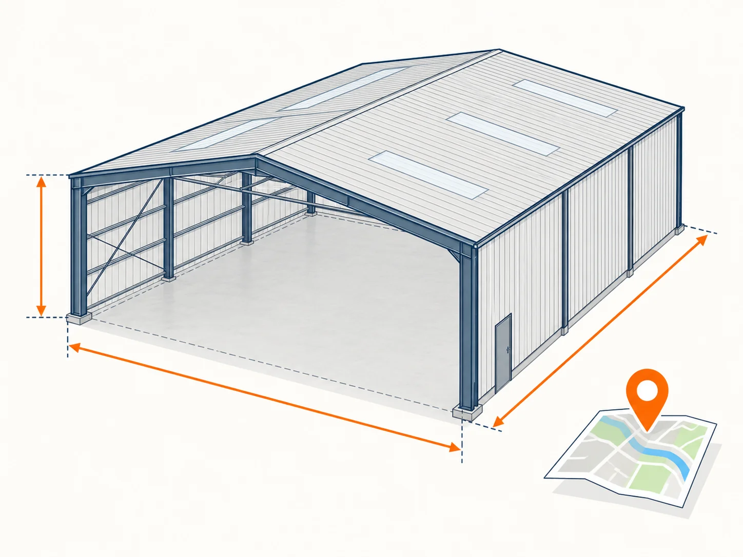Simplified steel building outline with dimension lines marking width, length and eave height beside a site marker