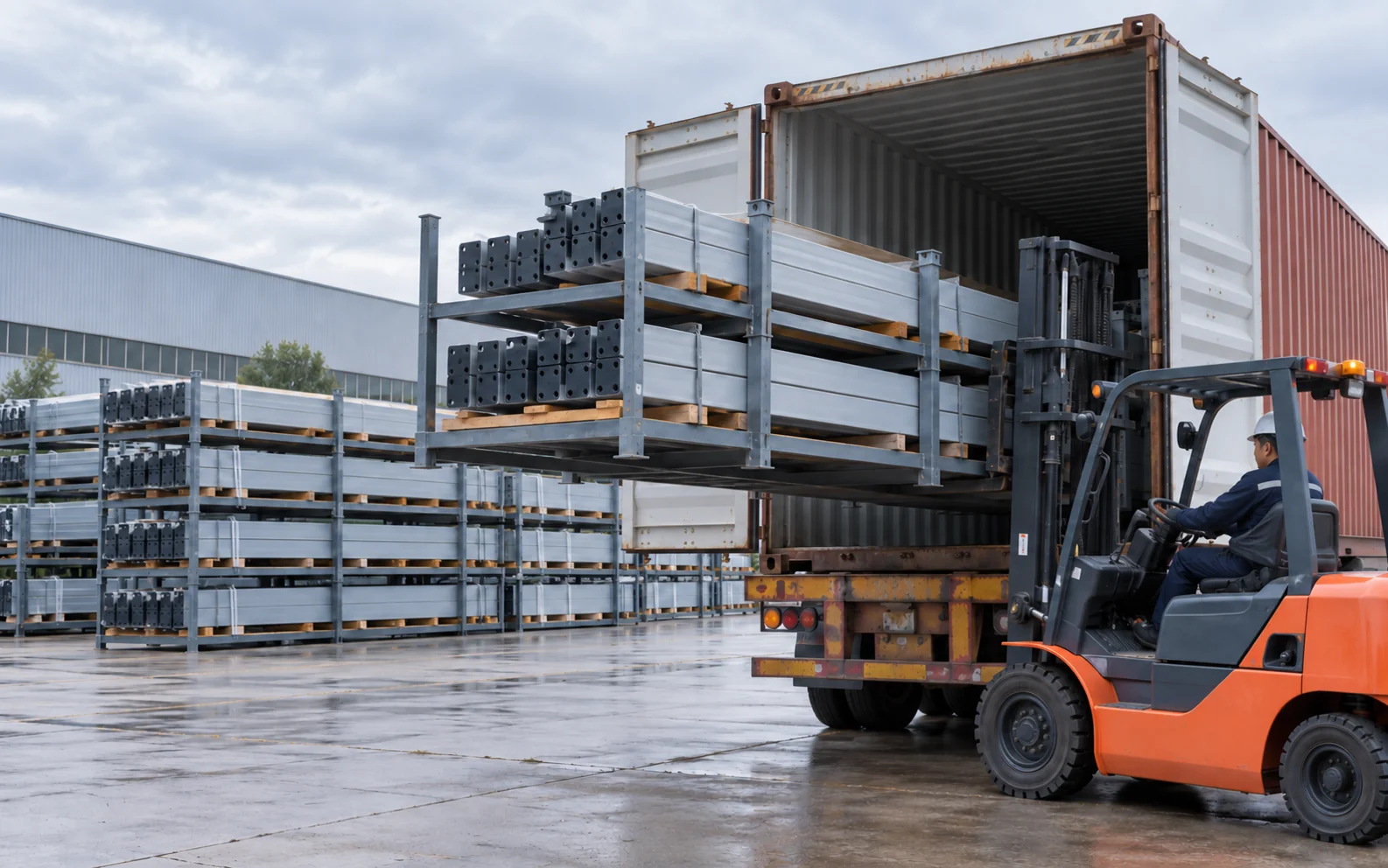 Steel building members secured on pallets for container loading