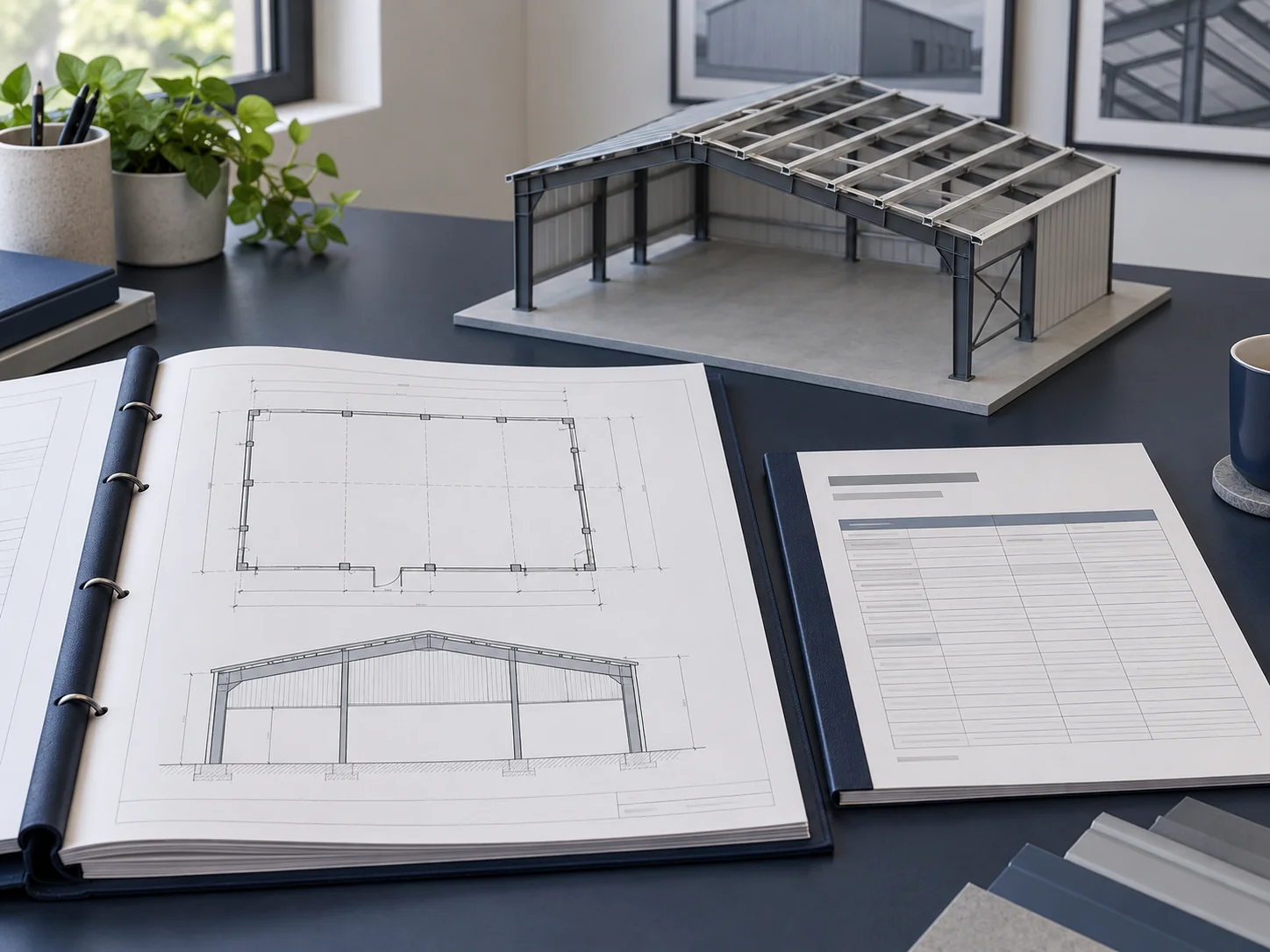 Plans d'implantation du bâtiment reliés et livret de cahier des charges à côté d'une maquette de charpente en acier sur un bureau