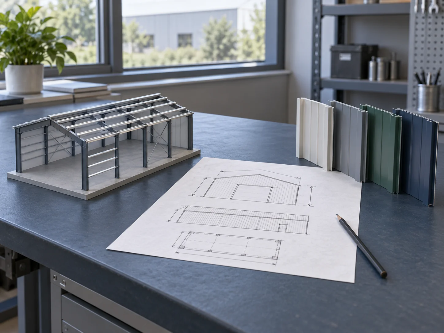 Maquette de charpente en acier à toit à deux versants, croquis du contour du bâtiment et rangée d'échantillons de panneaux métalliques peints sur un établi