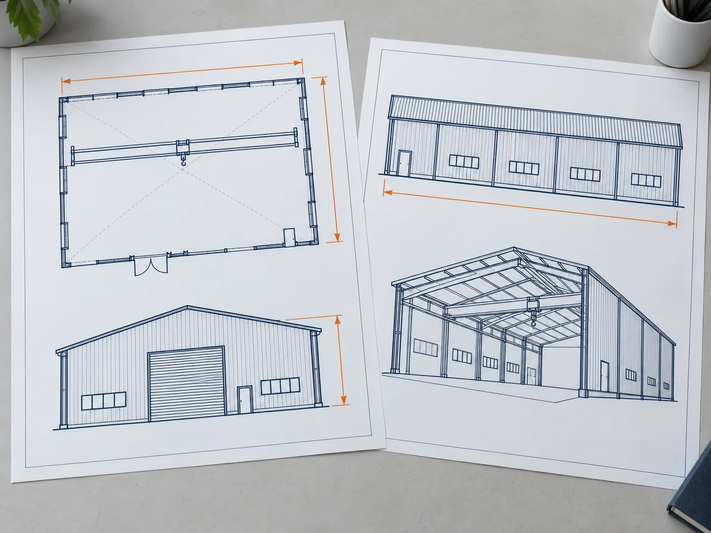 Plan and elevation sketch of a steel building with dimension lines for width, length and eave height and marks for crane and door and window positions