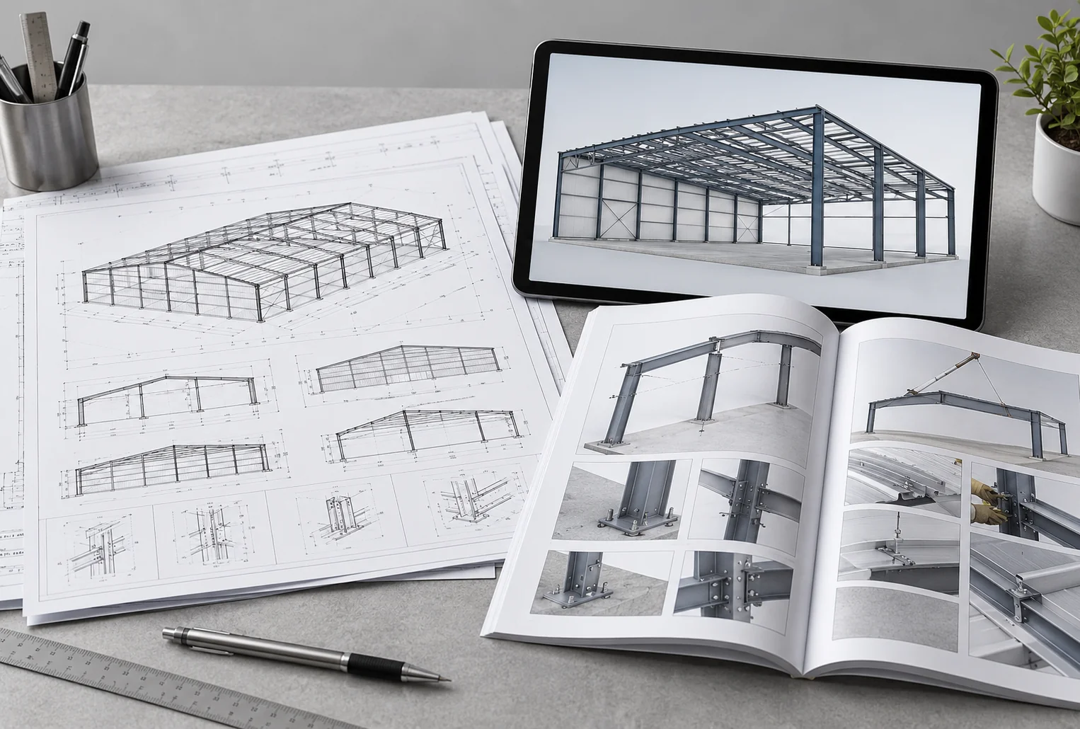 Set of construction drawings, a 3D model view and an installation manual laid out together
