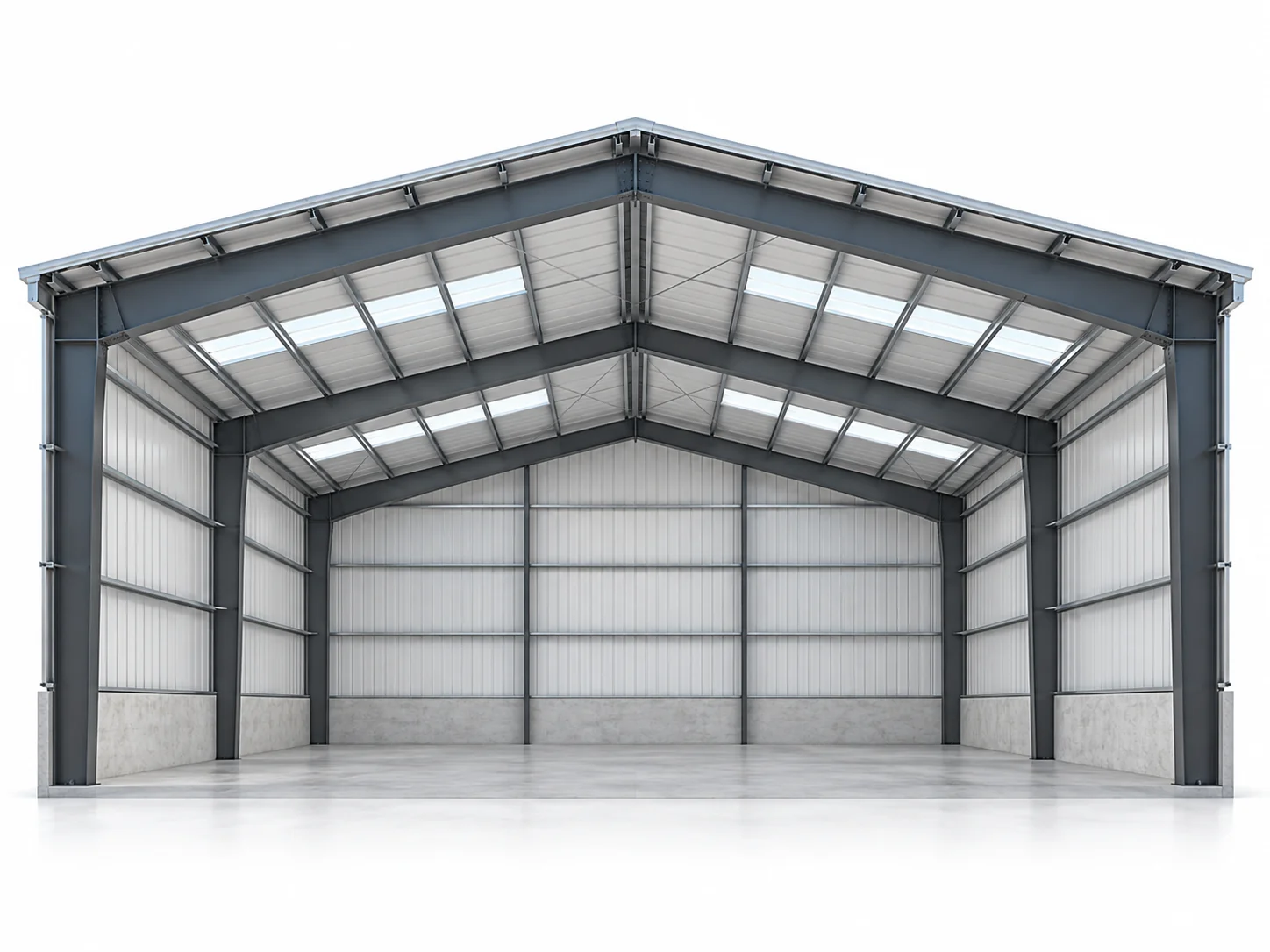 End elevation of a single-span rigid frame with an open floor and no interior columns