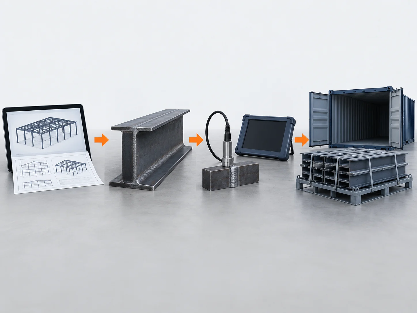 Process sequence from a 3D model and drawings to a welded H-section member, inspection and export packing