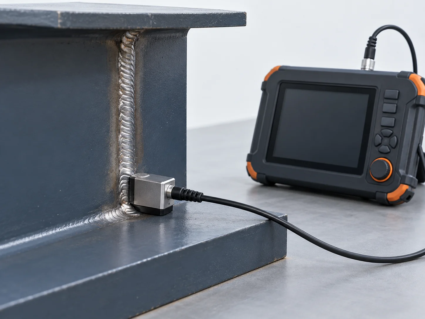 Ultrasonic probe placed on a weld seam of a welded H-section steel member