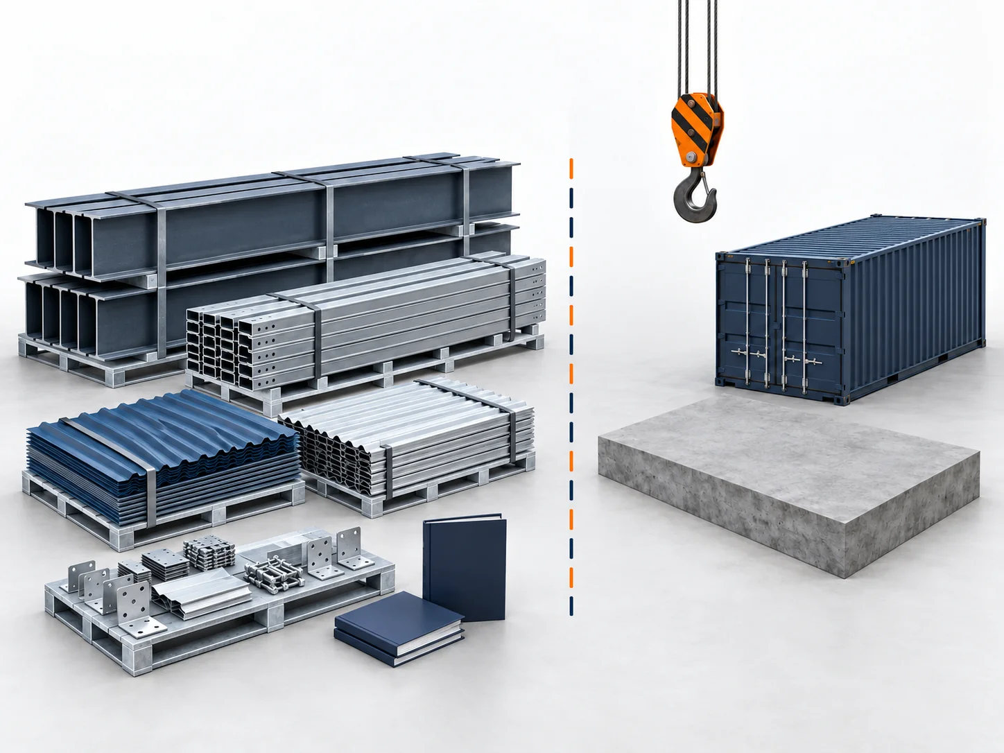 Concept view splitting a steel building into the supplied kit of frame, roof and wall panels and the foundation, erection and shipping the buyer arranges separately