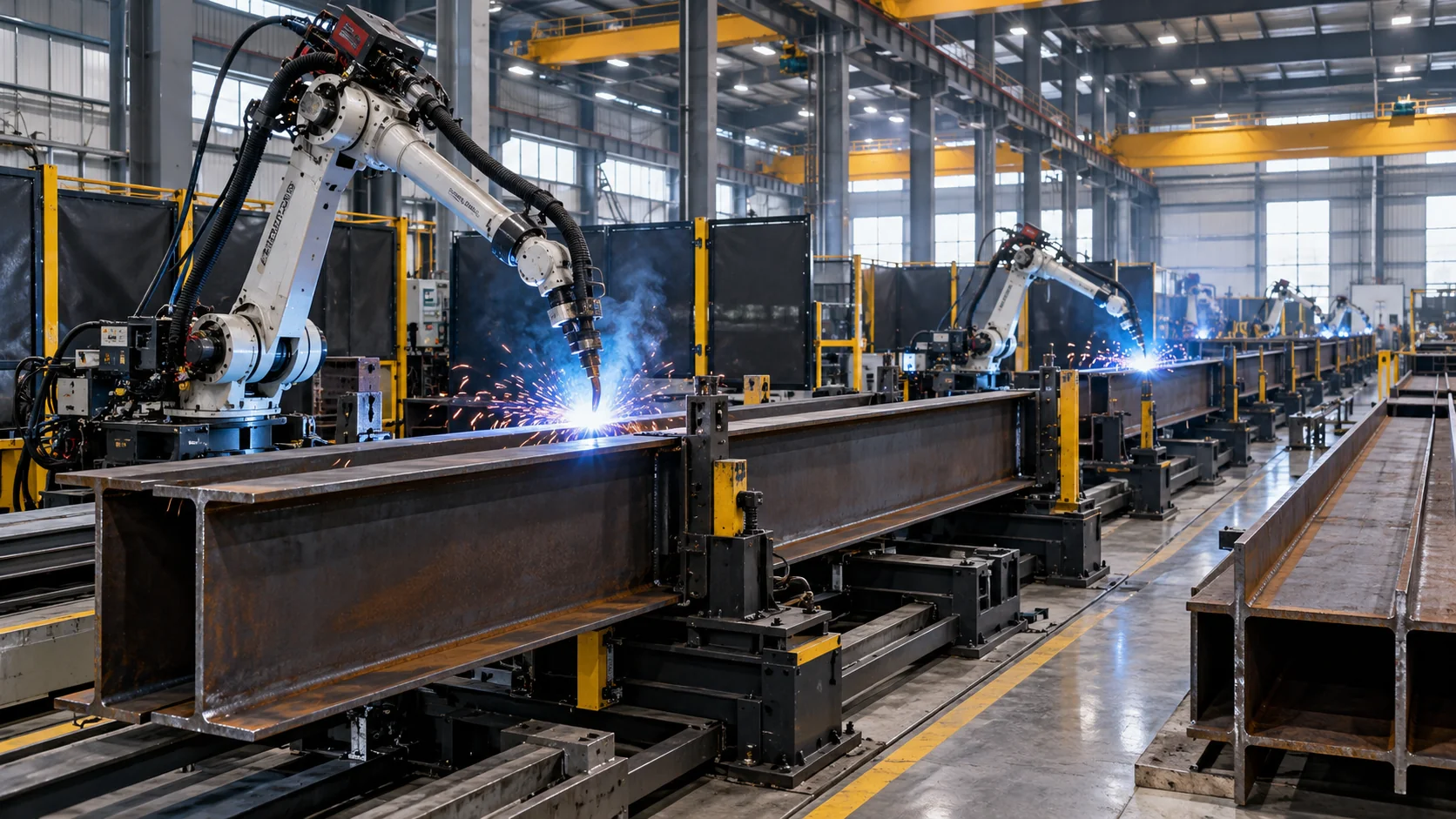 Illustrative robotic welding of structural steel in a generic workshop