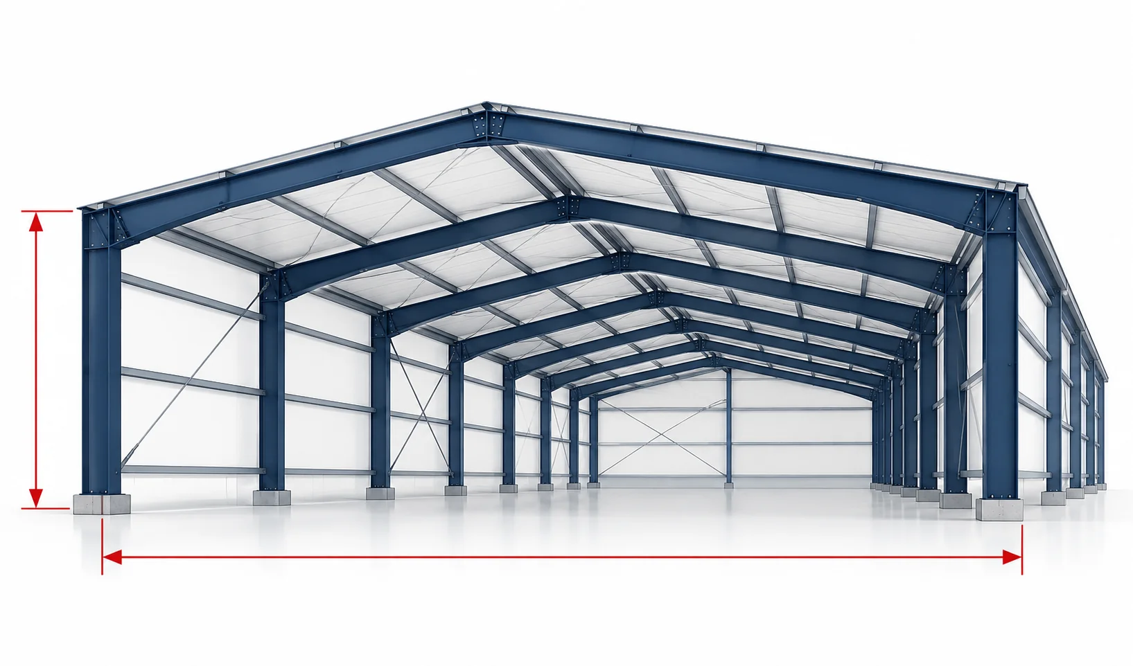 Portal frame outline of a commercial steel building showing span between columns and eave height