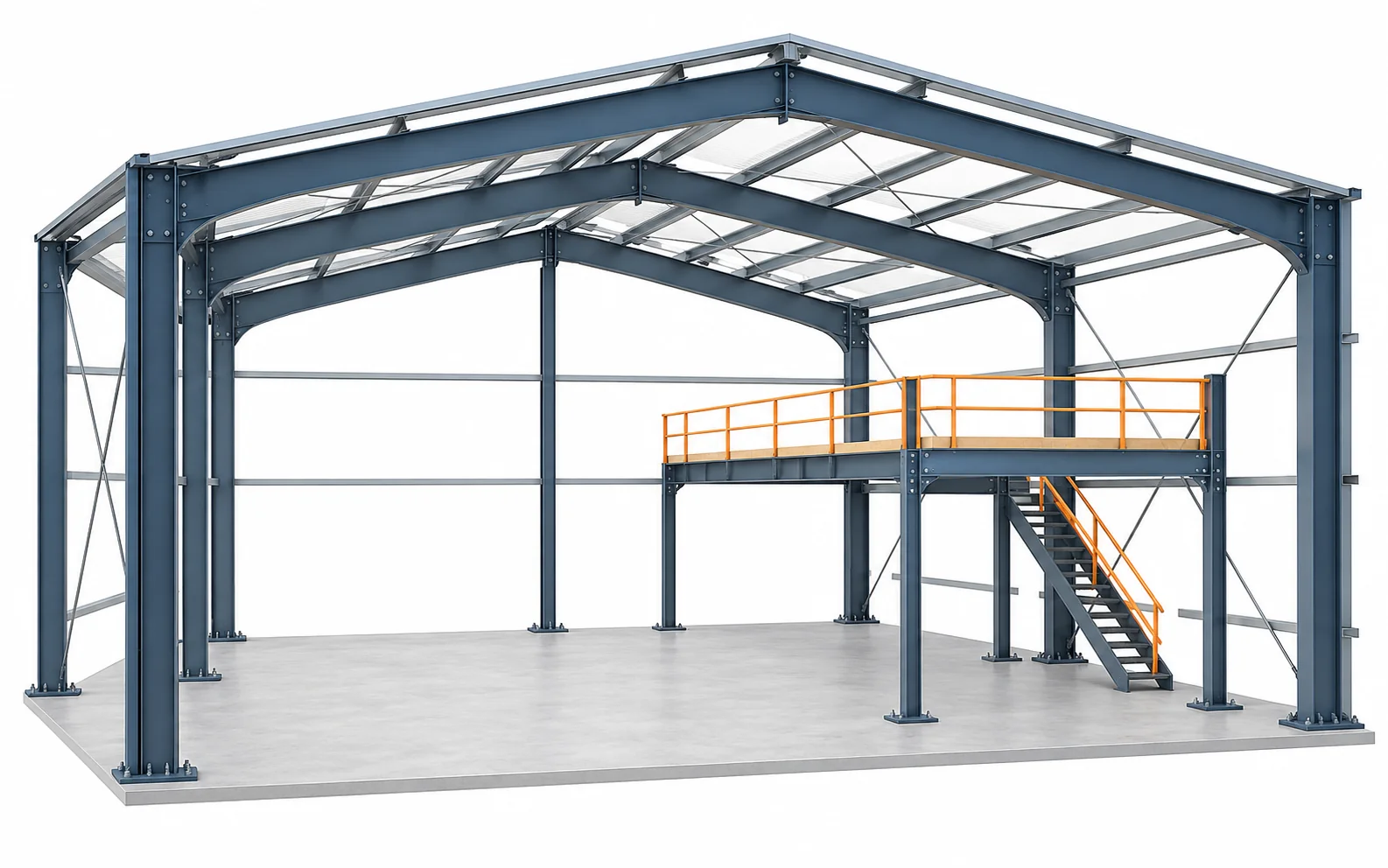 Cross-section of a steel frame with a mezzanine floor inside the frame