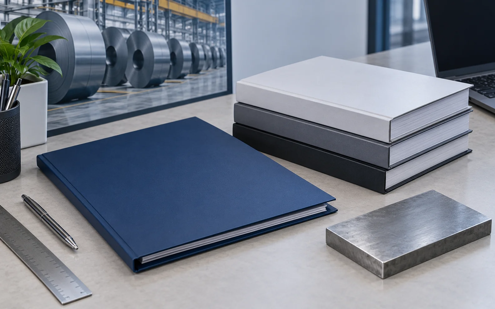 Closed document folder and standard booklets on a desk
