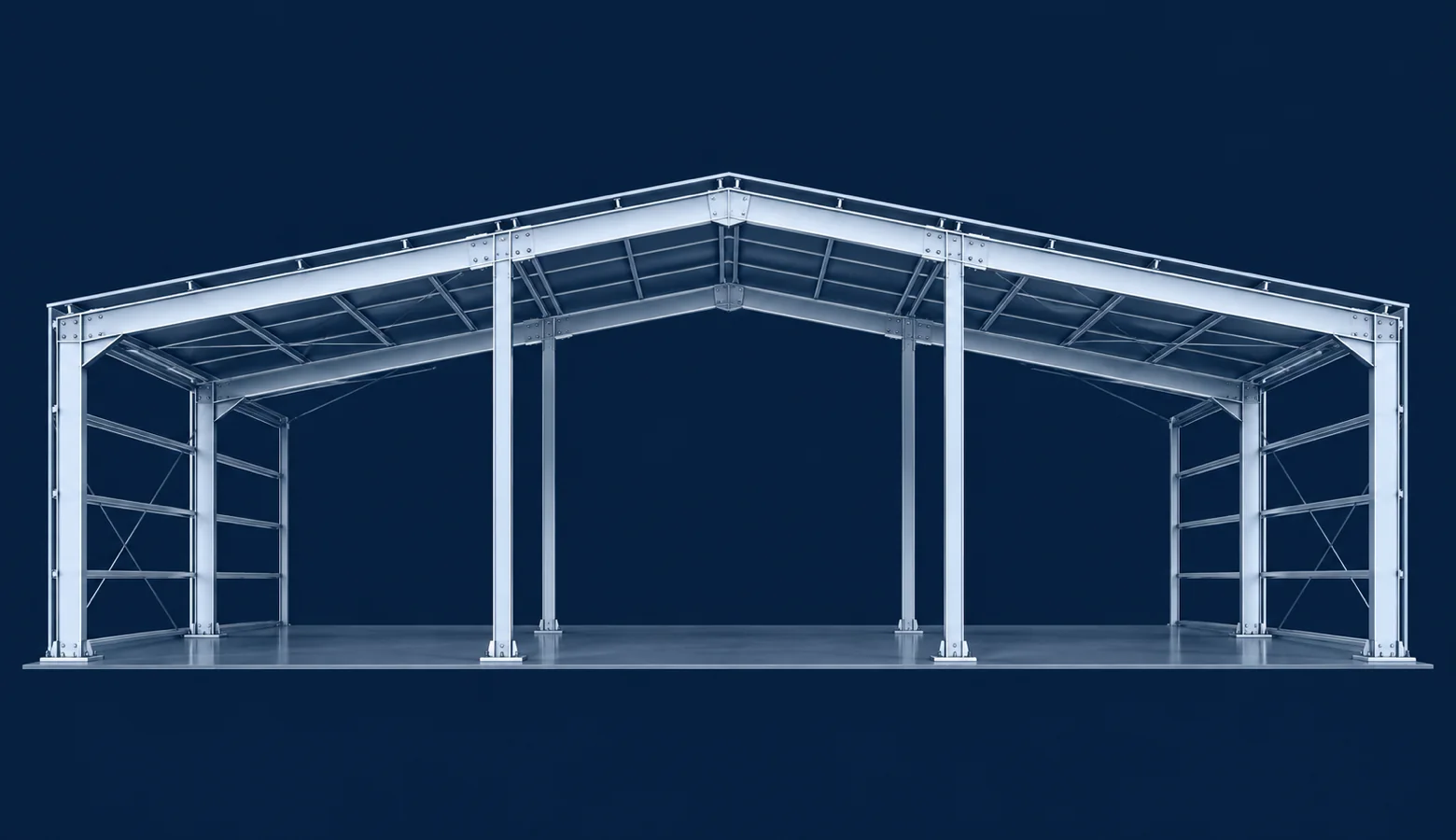 Steel frame outline with interior column lines dividing the width into two or more spans
