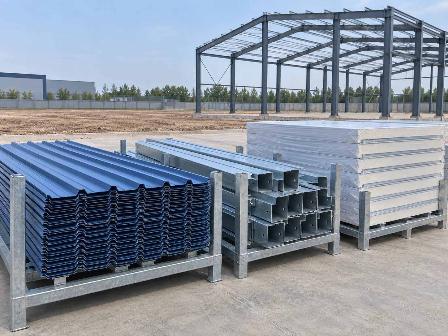 Single-span steel frame beside stacks of roof and wall sheet and bundled purlins on open ground