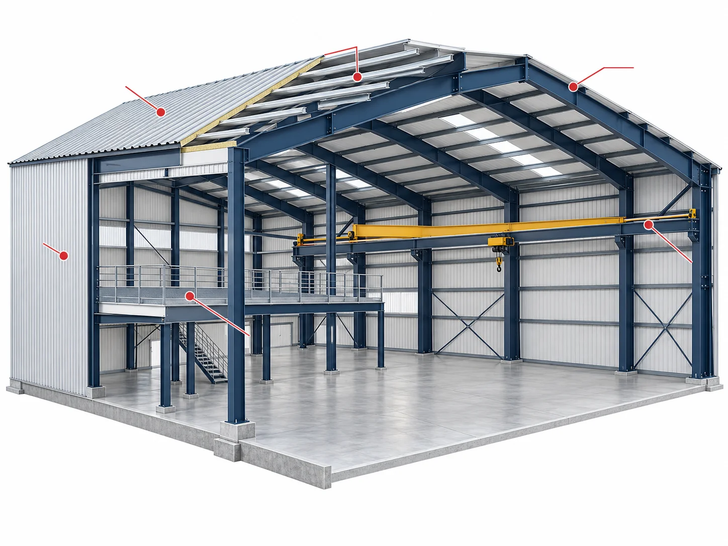 Steel building outline marking span, wind and snow load, crane, insulation, doors, windows and mezzanine as price drivers